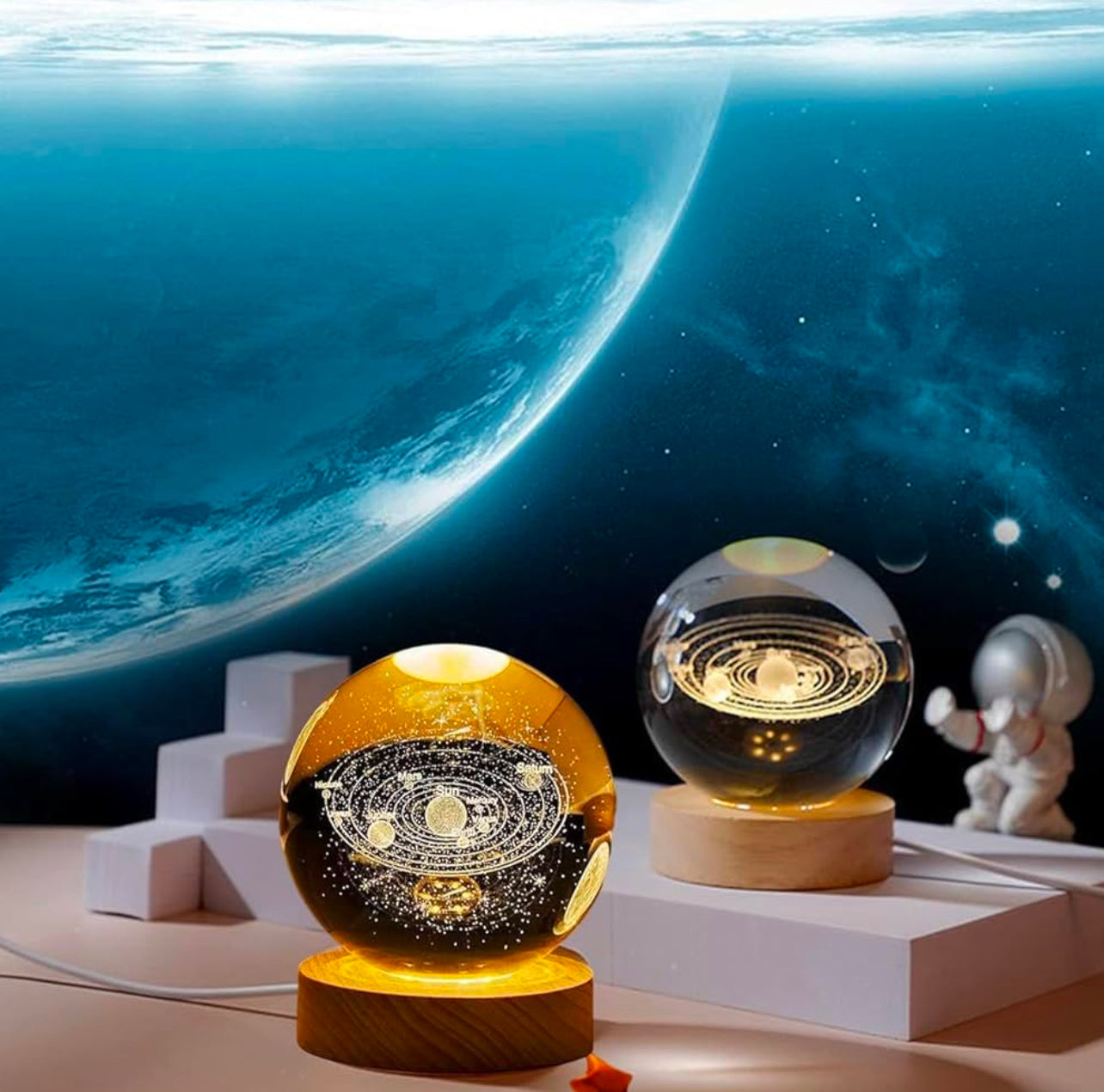 3D Crystal Galaxy Ball Night Lamp with Wooden Base (6cm) - Solar System - Moon - Earth - Heart Cloud - Crescent -Moon Walk