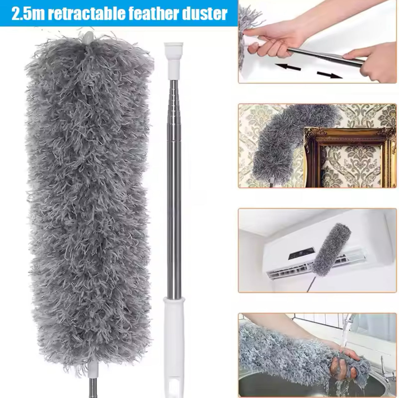 Flexible Microfibre Long Rod Grey Duster