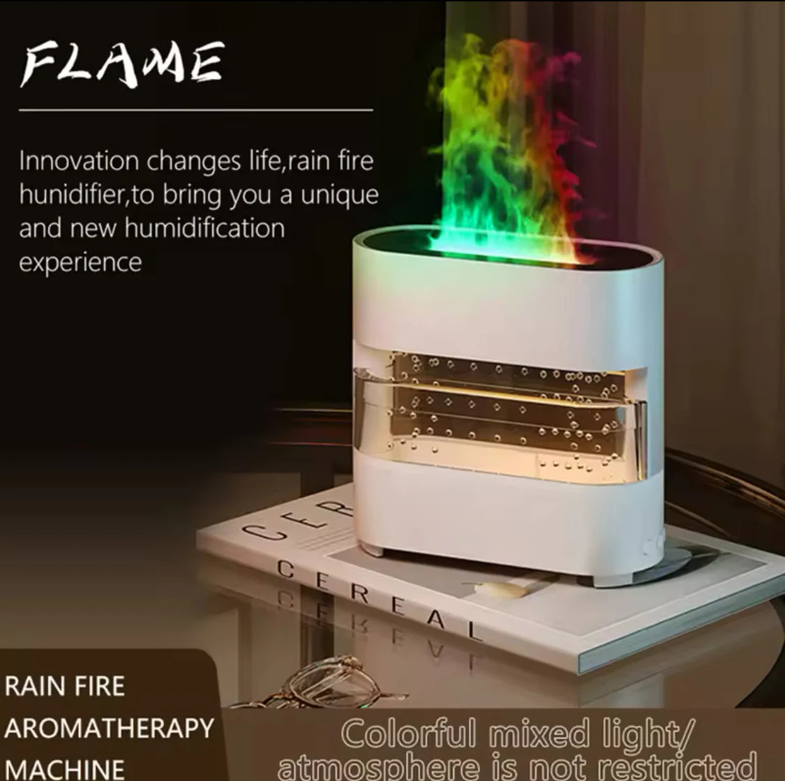 Rain Drops Simulation Flame Humidifier, Colourful Rain And Fire Aroma Diffuser, Dynamic Flame Air Humidifier