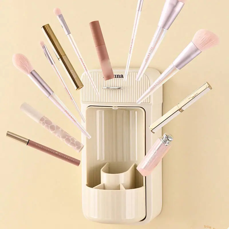 1pc Shouna Makeup Organizer, Wall Mounted Cosmetic Storage Box, Rotating Brush Holder, Dustproof Plastic Makeup Holder with Compartments for Lipstick, Eyebrow Pencil, No Electricity Needed