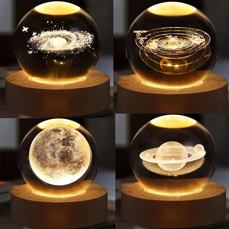 3D Crystal Galaxy Ball Night Lamp with Wooden Base (6cm) - Solar System - Moon - Earth - Heart Cloud - Crescent -Moon Walk