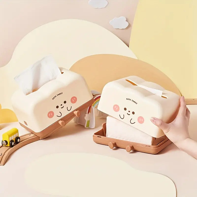 Cute Toast Design Plastic Tissue Holder, 1pc Square Facial Tissue Box for Living Room, Bedroom, Dining Decor, Minimalist Luxury Napkin Dispenser with Storage, Creative Home Accessory