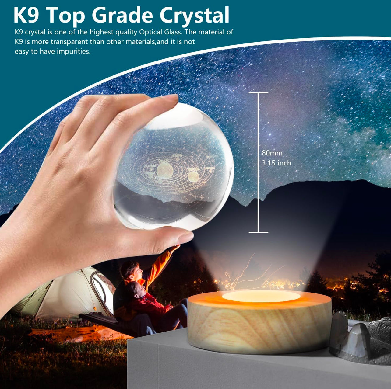 3D Crystal Galaxy Ball Night Lamp with Wooden Base (6cm) - Solar System - Moon - Earth - Heart Cloud - Crescent -Moon Walk