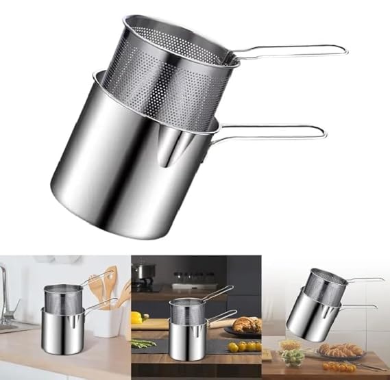 Small Deep Frying Pot with Basket 1200Ml Stainless Steel Fryer Pot with Long Handle Mini Deep Oil Fryer