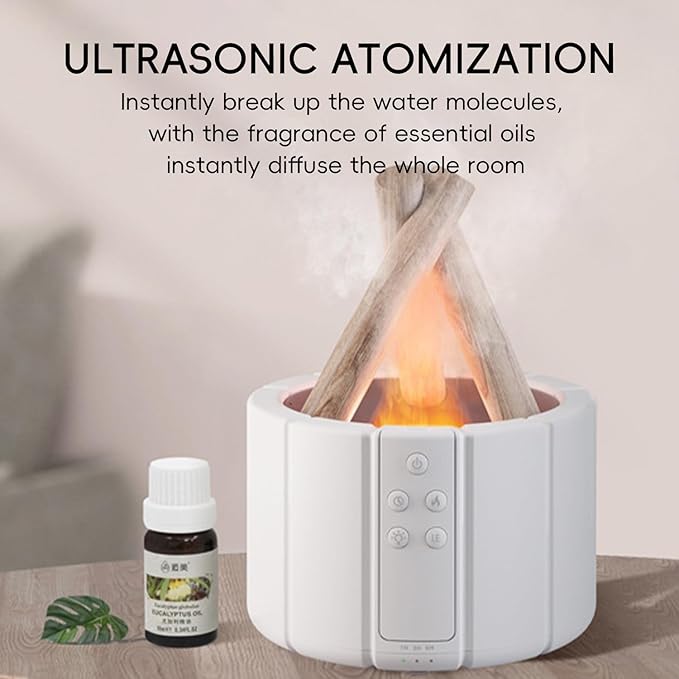 Campfire Flame Fire Diffuser, Bonfire Aromatherapy Essential Oil Diffuser, 250ml Wood Cool Mist Humidifier for Home,Bedroom,Office, Remote Control, Auto Shut-Off, Night Light, Gift (White)