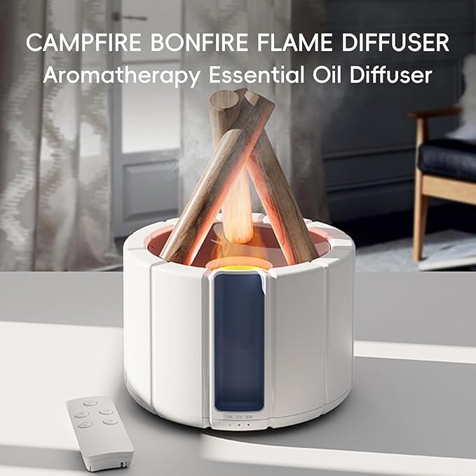 Campfire Flame Fire Diffuser, Bonfire Aromatherapy Essential Oil Diffuser, 250ml Wood Cool Mist Humidifier for Home,Bedroom,Office, Remote Control, Auto Shut-Off, Night Light, Gift (White)