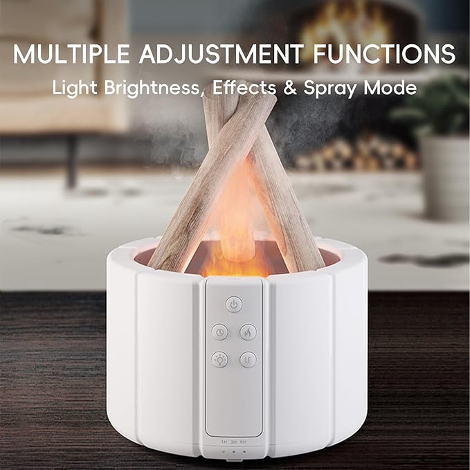 Campfire Flame Fire Diffuser, Bonfire Aromatherapy Essential Oil Diffuser, 250ml Wood Cool Mist Humidifier for Home,Bedroom,Office, Remote Control, Auto Shut-Off, Night Light, Gift (White)