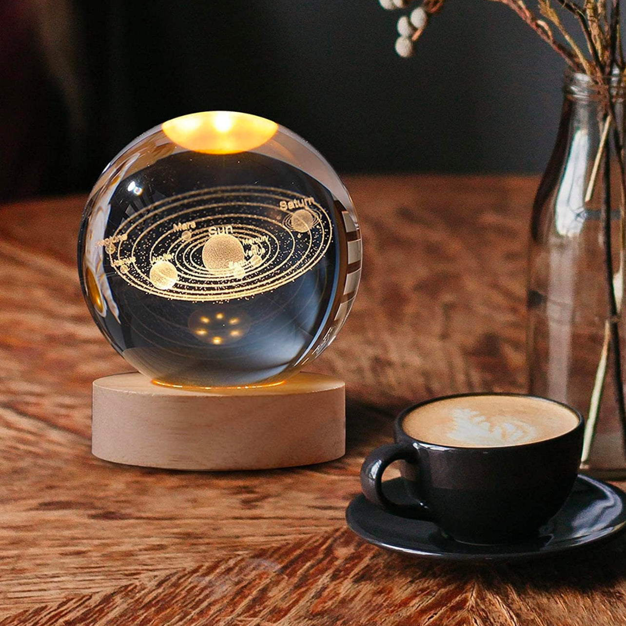 3D Crystal Galaxy Ball Night Lamp with Wooden Base (6cm) - Solar System - Moon - Earth - Heart Cloud - Crescent -Moon Walk