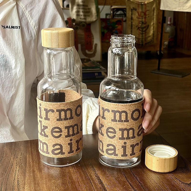 Wooden Design Leather Sticker Glass Water Bottle