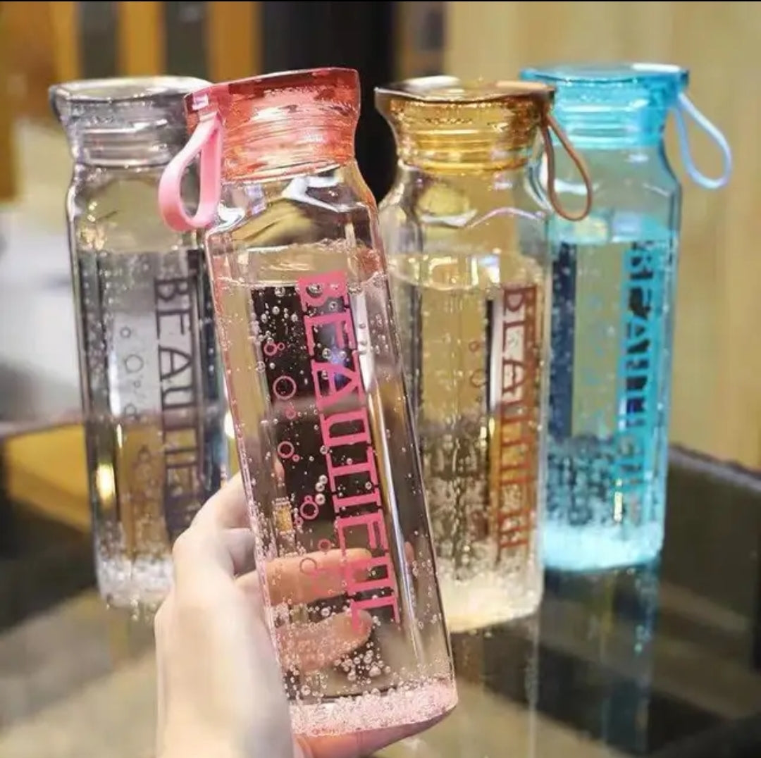 Glass water bottle with strap pouch