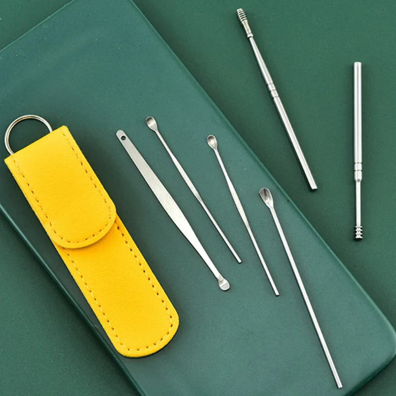 Ear Wax Cleaning Tools Kit Set With Leather Pouch Spring Curette