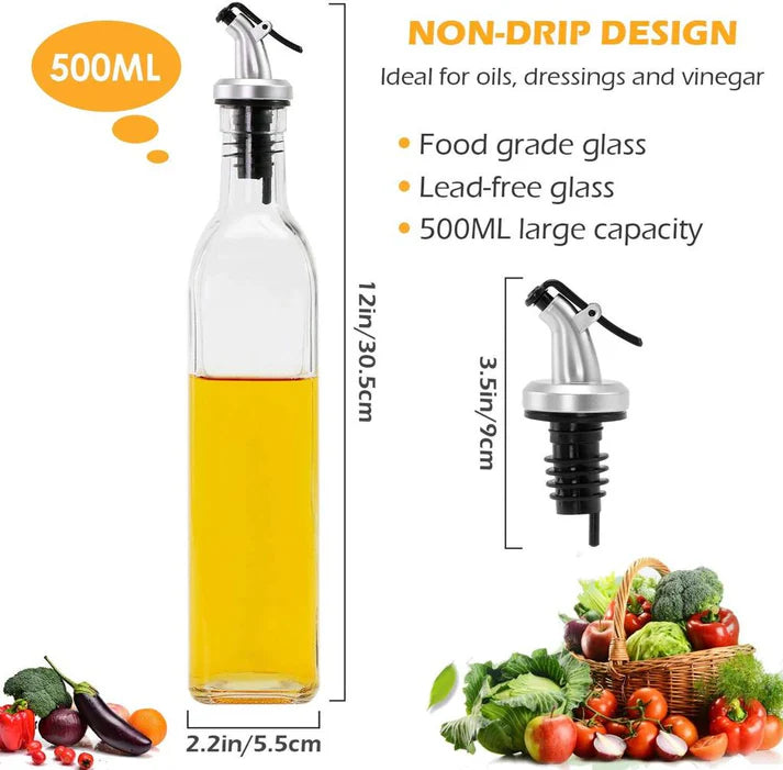 Oil Dispenser Bottle – 500ml Glass Cooking Oil and Vinegar Cruet No Drip with Stainless Steel Funnel