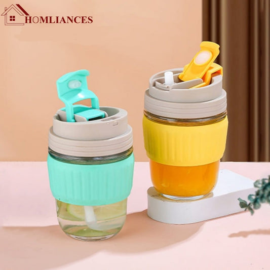 Dual Drink Glass Cup With Straw 500ML (Random Colour)