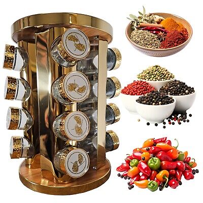 Mirrored Gold Spice Rack with 16 Jars Revolving/Rotating Seasoning Organizer