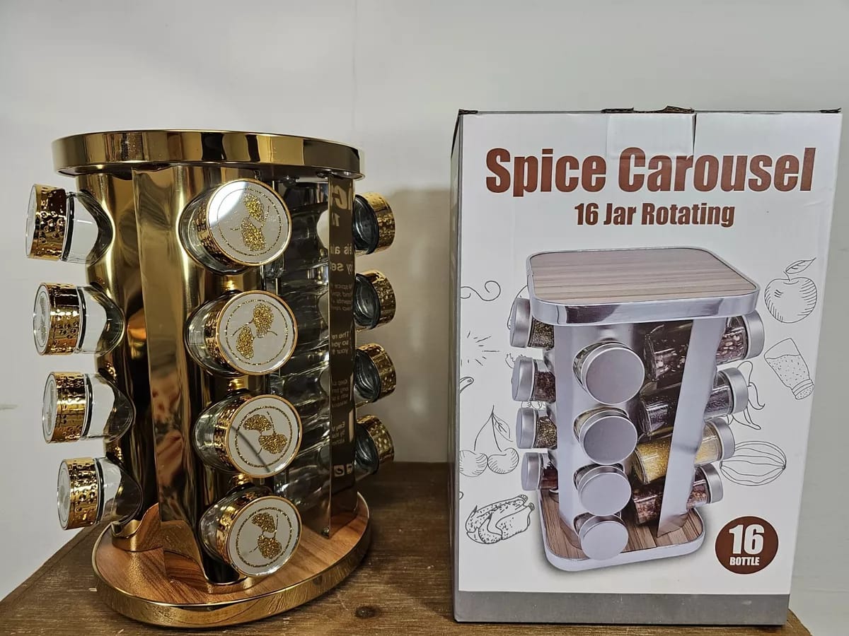 Mirrored Gold Spice Rack with 16 Jars Revolving/Rotating Seasoning Organizer