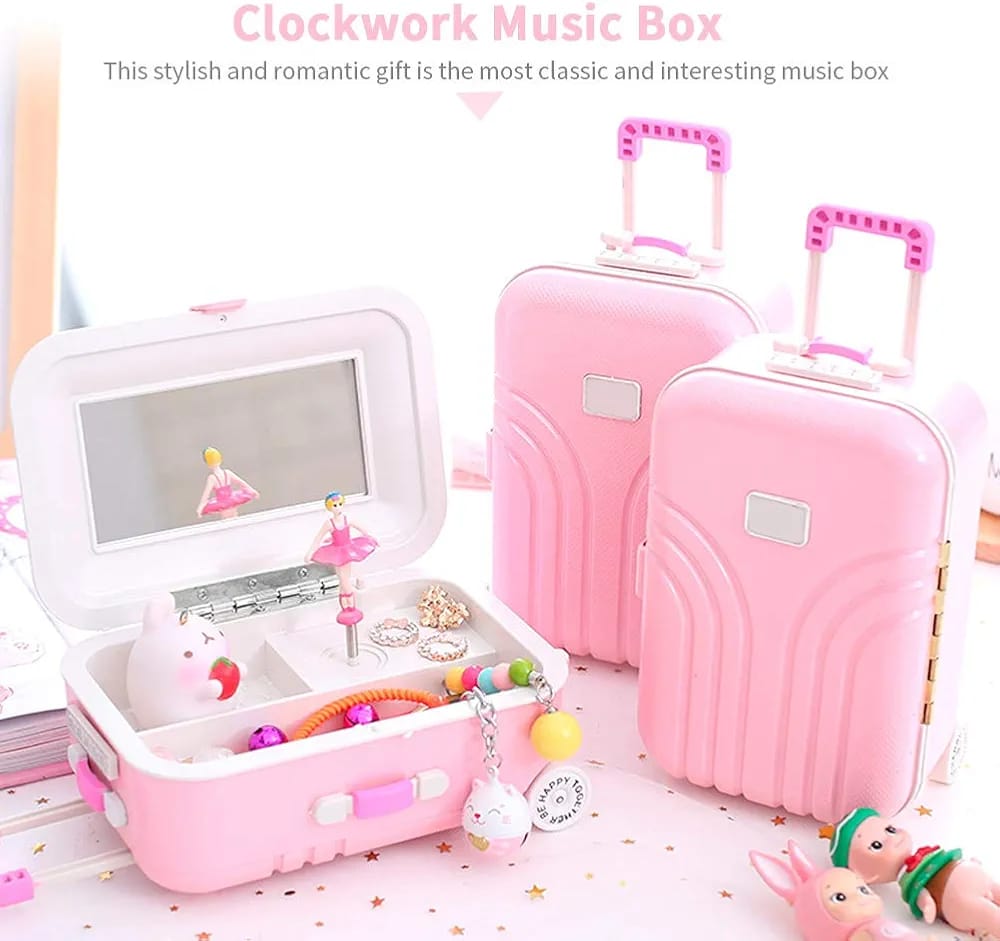 Girl's Musical Jewelry Storage Box, Cute Pink Suitcase Model Mini Music Box Musical Jewelry Box for Girls Clockwork Music Box Jewelry Music Box for Children