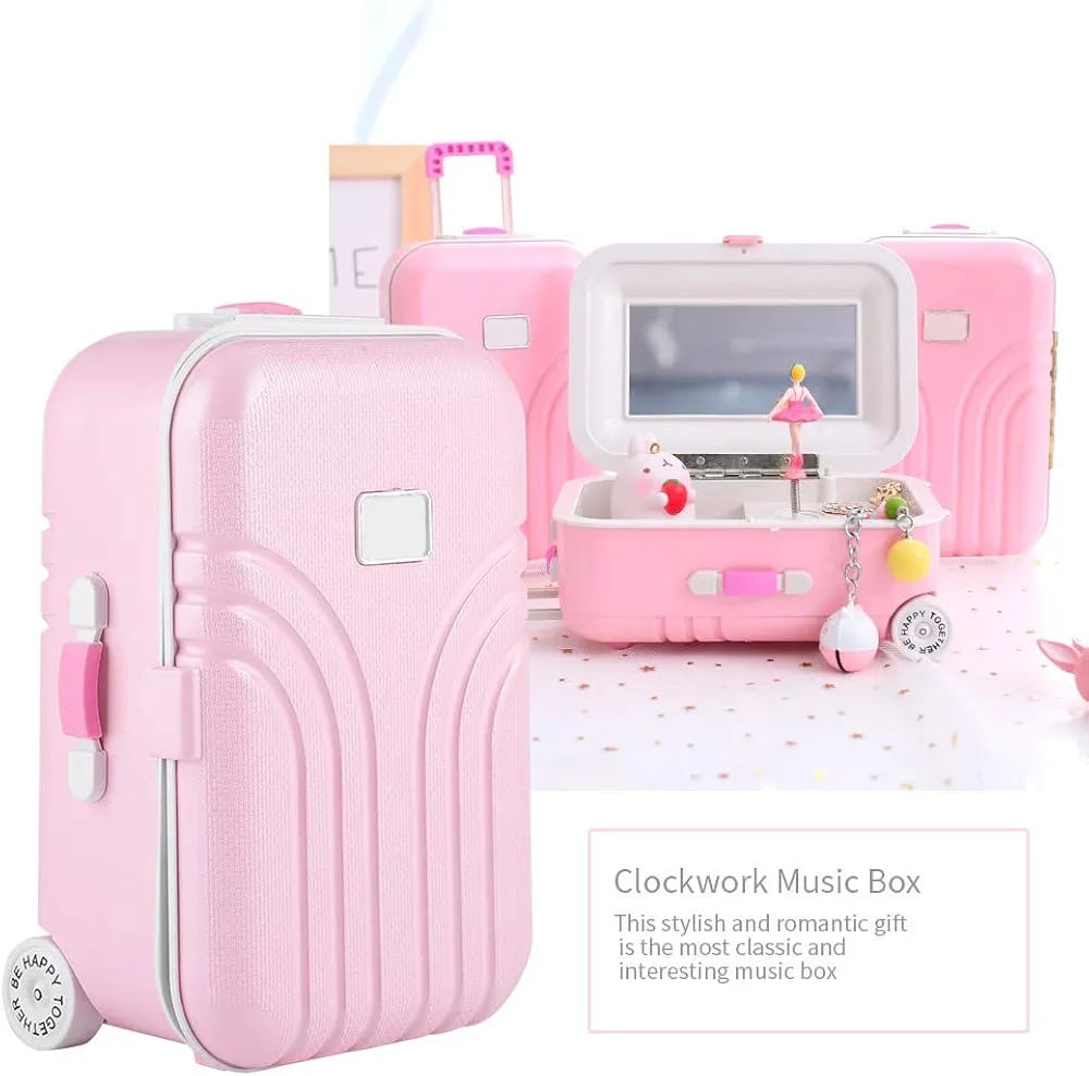 Girl's Musical Jewelry Storage Box, Cute Pink Suitcase Model Mini Music Box Musical Jewelry Box for Girls Clockwork Music Box Jewelry Music Box for Children