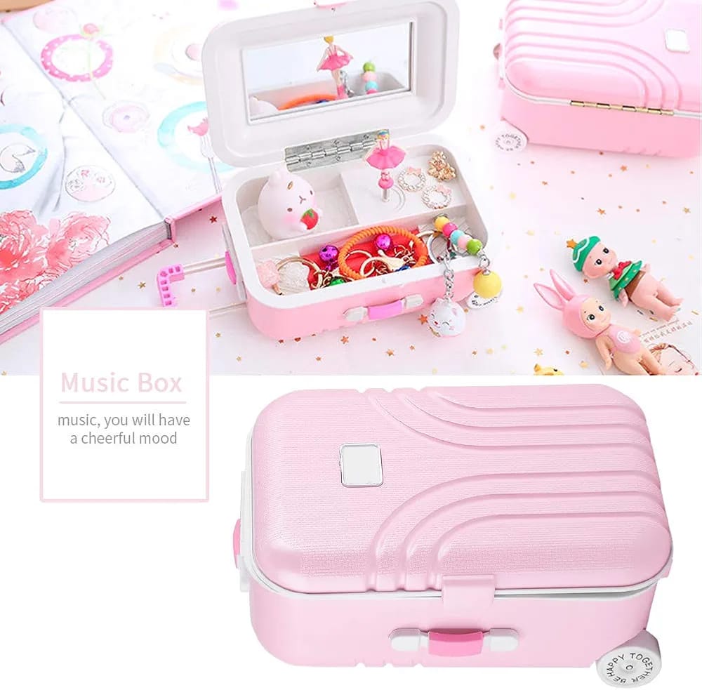 Girl's Musical Jewelry Storage Box, Cute Pink Suitcase Model Mini Music Box Musical Jewelry Box for Girls Clockwork Music Box Jewelry Music Box for Children