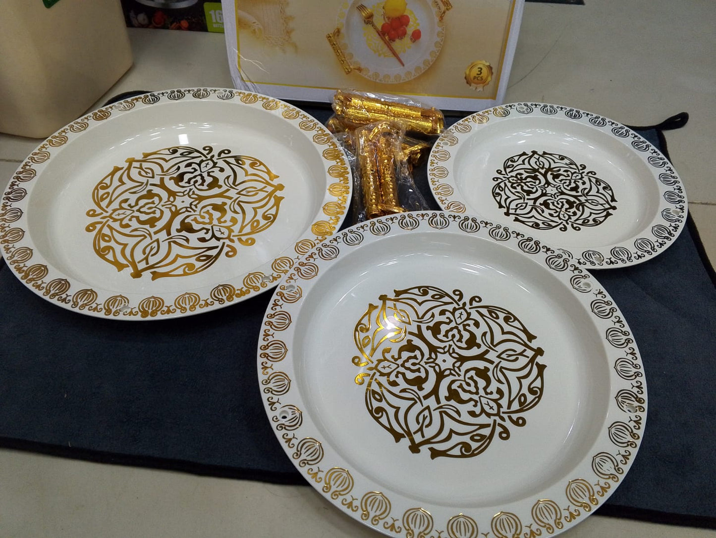 Elegant Ottoman Tray with Gold Handle (3 pcs set)